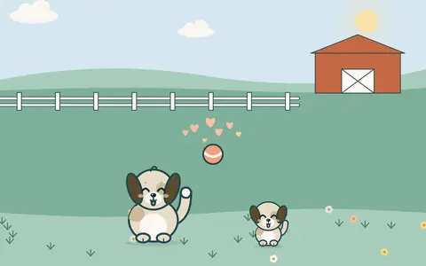 Çiftlikte büyük köpek ve yavrusu topla oynuyor, üstlerinde küçük kalpler.