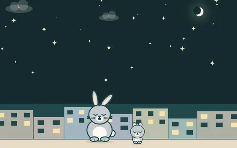 Kasabada gece: pencereler yanıyor, tavşan ve yavrusu uykuya hazırlanıyor.