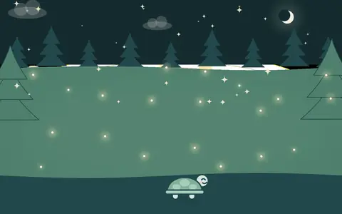 Sakin bir gece: ormanda yıldızlar ve ateşböcekleri parlıyor.