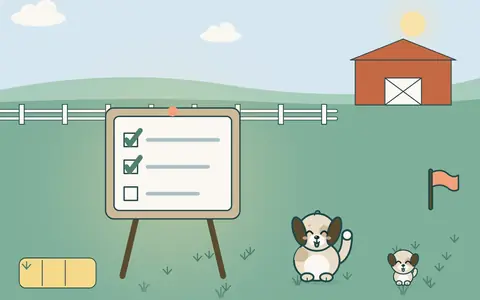 İki satırı işaretlenmiş bir plan tahtası; büyük ve küçük köpek yola çıkmaya hazır.
