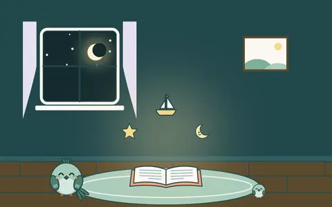 Akşam, halının üstünde açık bir kitap; kitaptan bir yıldız, bir yelkenli ve bir ay yükseliyor; kuş ve yavrusu kitabın iki yanında.
