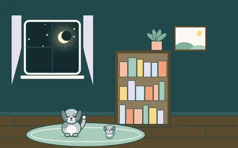 Gece, kitaplığın yanındaki halıda köpek ve yavrusu uyuyor; pencereden ay görünüyor.