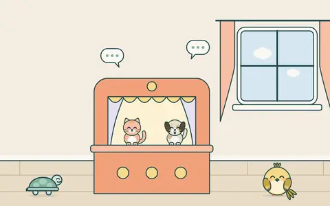 Kukla tiyatrosunda kedi ve köpek kuklası konuşuyor, üstlerinde konuşma balonları; Moli ve kuş izliyor.