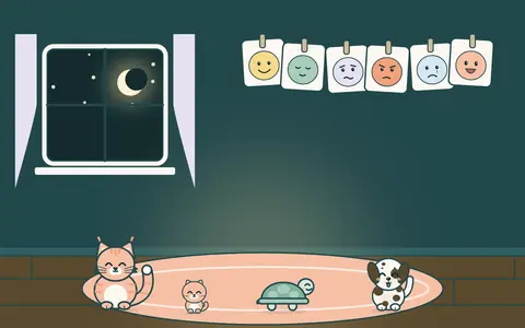 Odada duvara asılı ipte duygu yüzleri; halıda kediler, Moli ve köpek birlikte oyun oynuyor.
