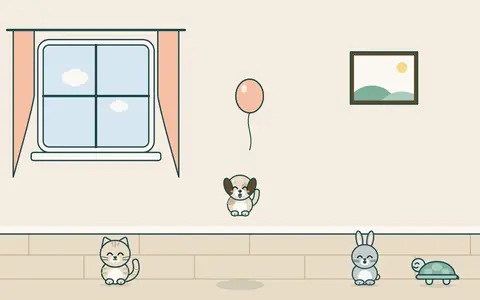 Odada havada süzülen bir balon; köpek zıplıyor, kedi, tavşan ve Moli balonu yere düşürmemek için bekliyor.
