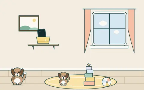 Raftaki sepette tablet uyuyor, ekranı karanlık; yavru köpek halının üstündeki topa ve blok kulesine koşuyor.
