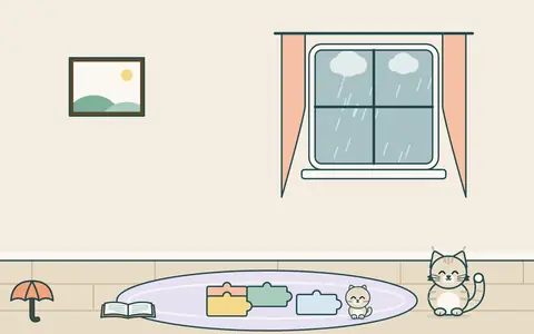 Pencerede yağmur; halıda yapboz parçaları ve açık bir kitap, kedi ve yavrusu evde oynuyor, kapının yanında şemsiye.