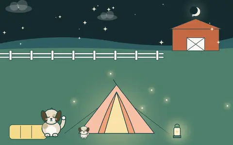 Gece çiftlikte içi ışıklı bir çadır, yanında fener; büyük köpek ve yavrusu huzurla uyukluyor.