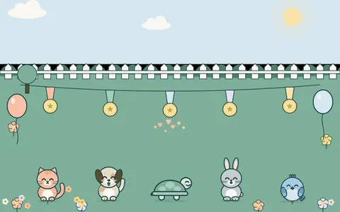 Bahçede ipte asılı madalyalar ve iki balon; kedi, köpek, Moli, tavşan ve kuş yan yana, aralarında kalpler.
