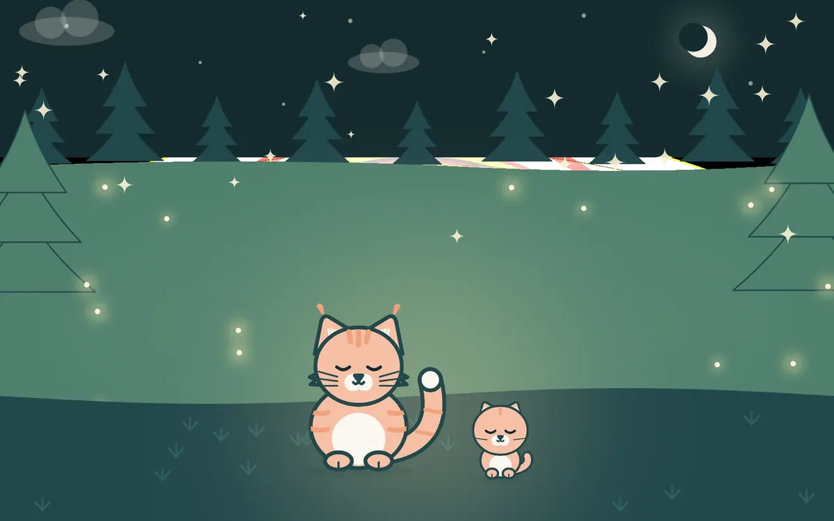 Gece çayırında parlayan ateşböcekleri, bir kedi ve yavrusu.