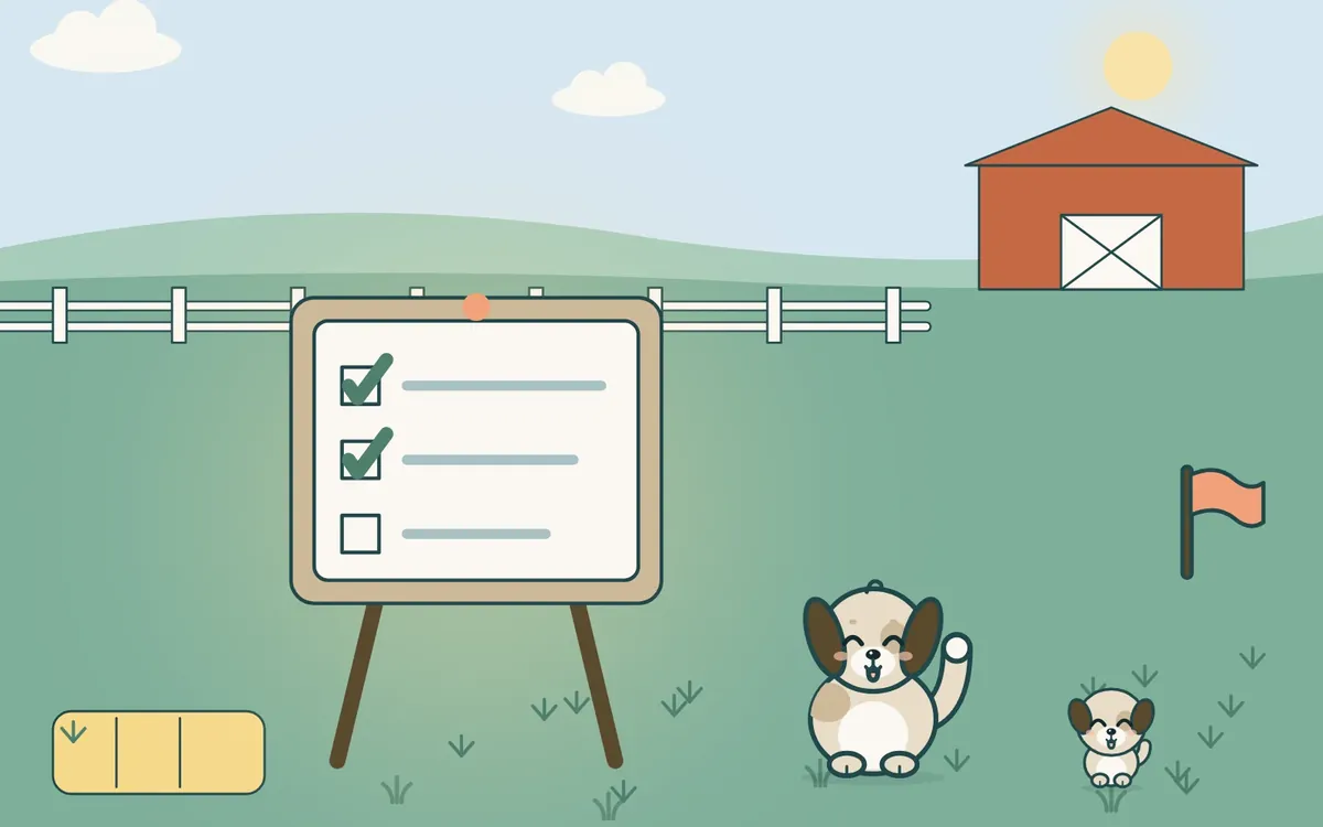 Bahçede tikli bir plan tahtası ve yanında bir köpek ile yavrusu.